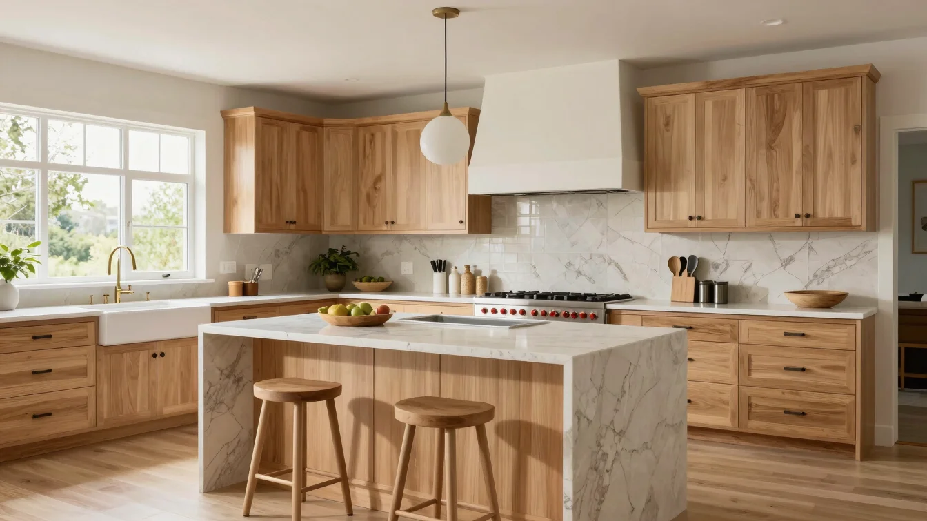 Full kitchen remodel with natural stone island and warm white oak cabinetry, bright window daylight, editorial wide view