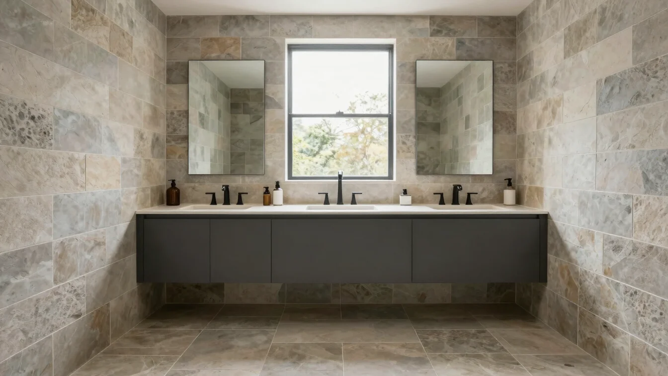 Primary bathroom remodel with large-format stone tile, floating vanity in matte millwork, soft daylight from a window