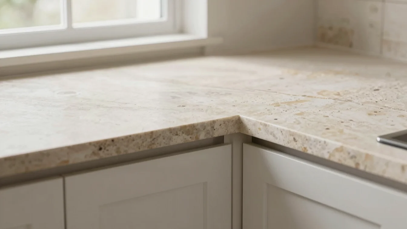 Close detail of natural stone countertop meeting white oak cabinet panel, soft directional window light, material transi