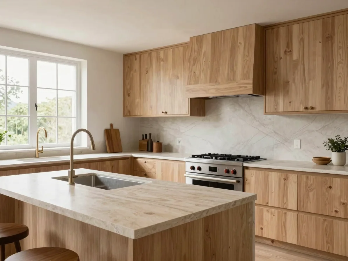 Completed kitchen, editorial architectural photography, soft wind