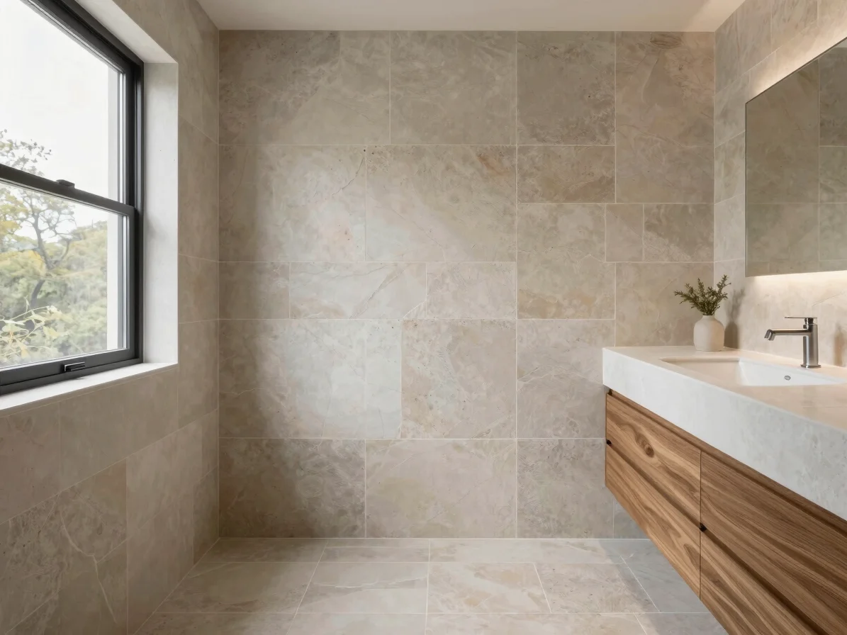 Completed bathroom, editorial architectural photography, soft win