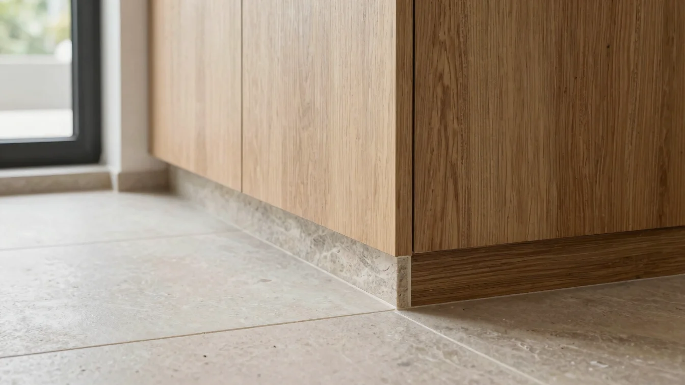 Close-up editorial photograph of a stone countertop edge profile meeting porcelain floor tile at a clean transition line