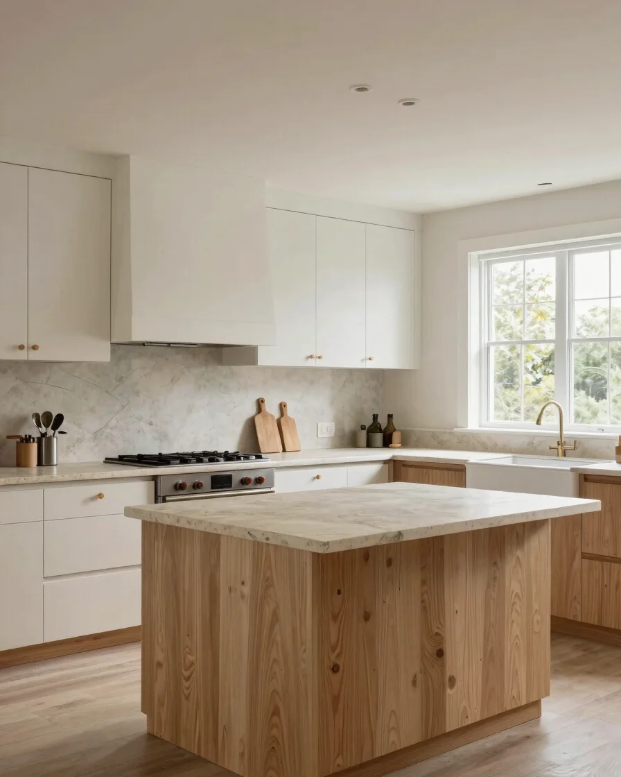 Editorial architectural photograph of a completed kitchen in a re