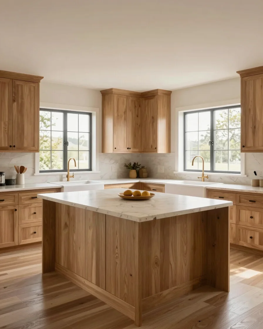 Completed bright kitchen with natural stone countertop, warm whit