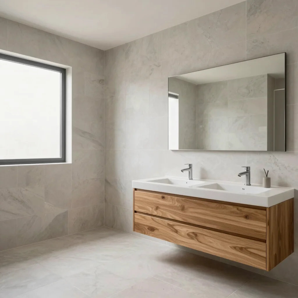 Wide editorial photograph of a finished bathroom with large-forma