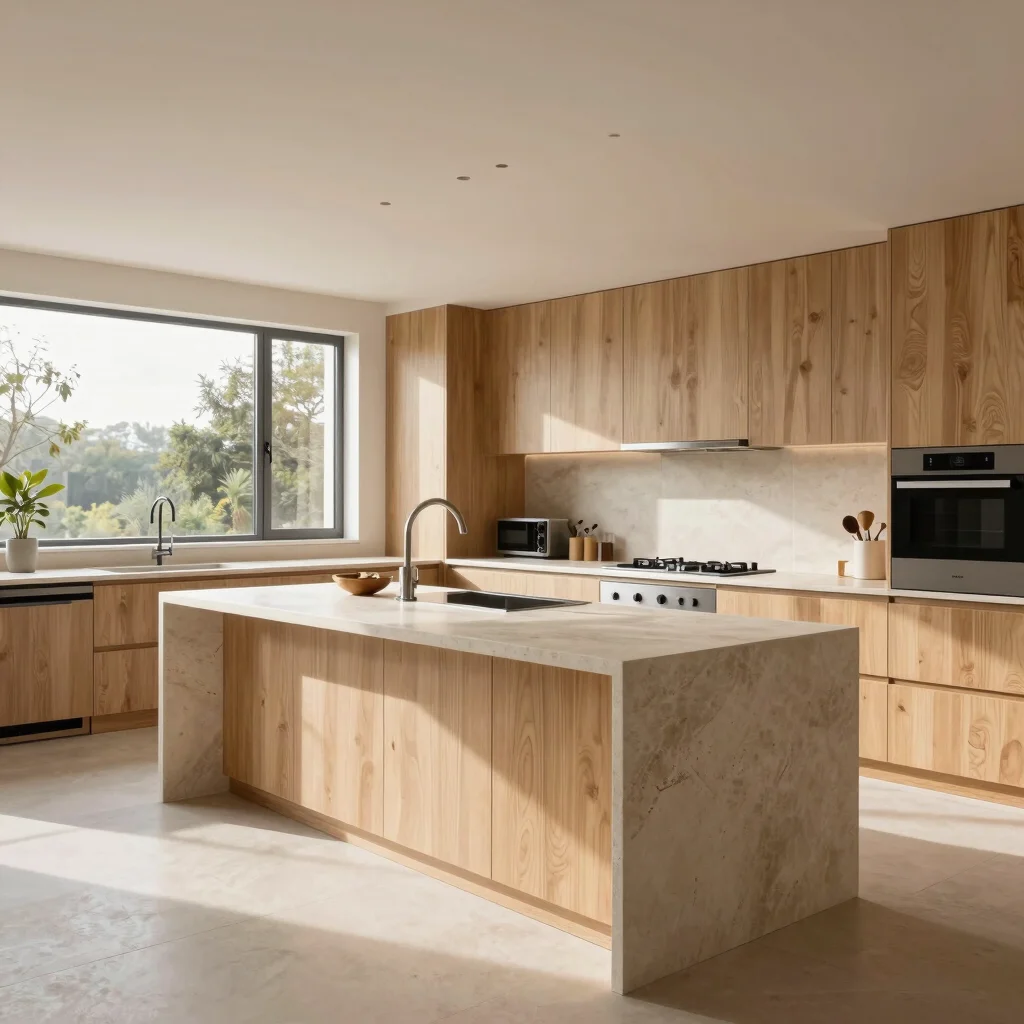 Environmental view of a turnkey kitchen with a long stone island,