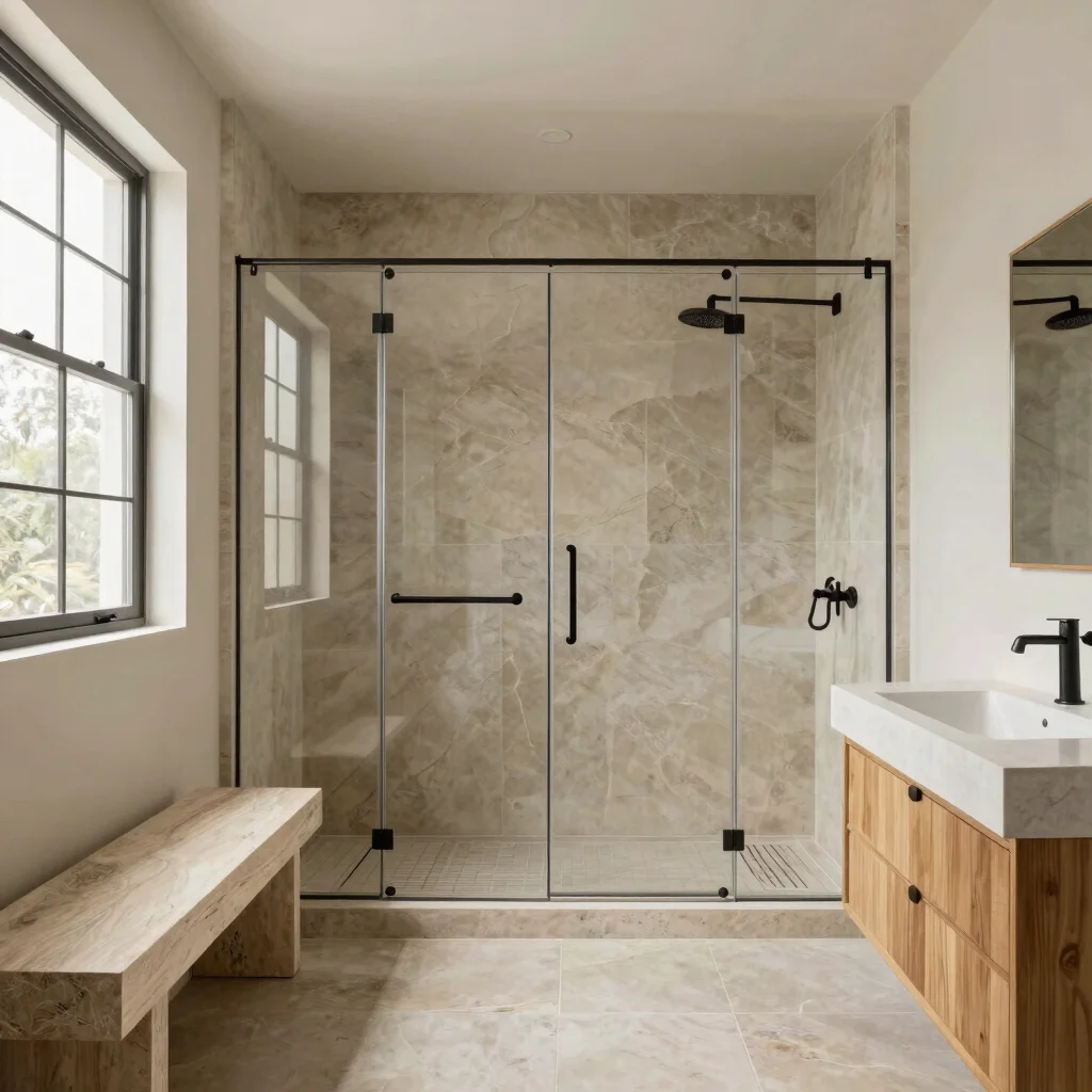 Full-room bathroom composition with a walk-in shower, natural sto
