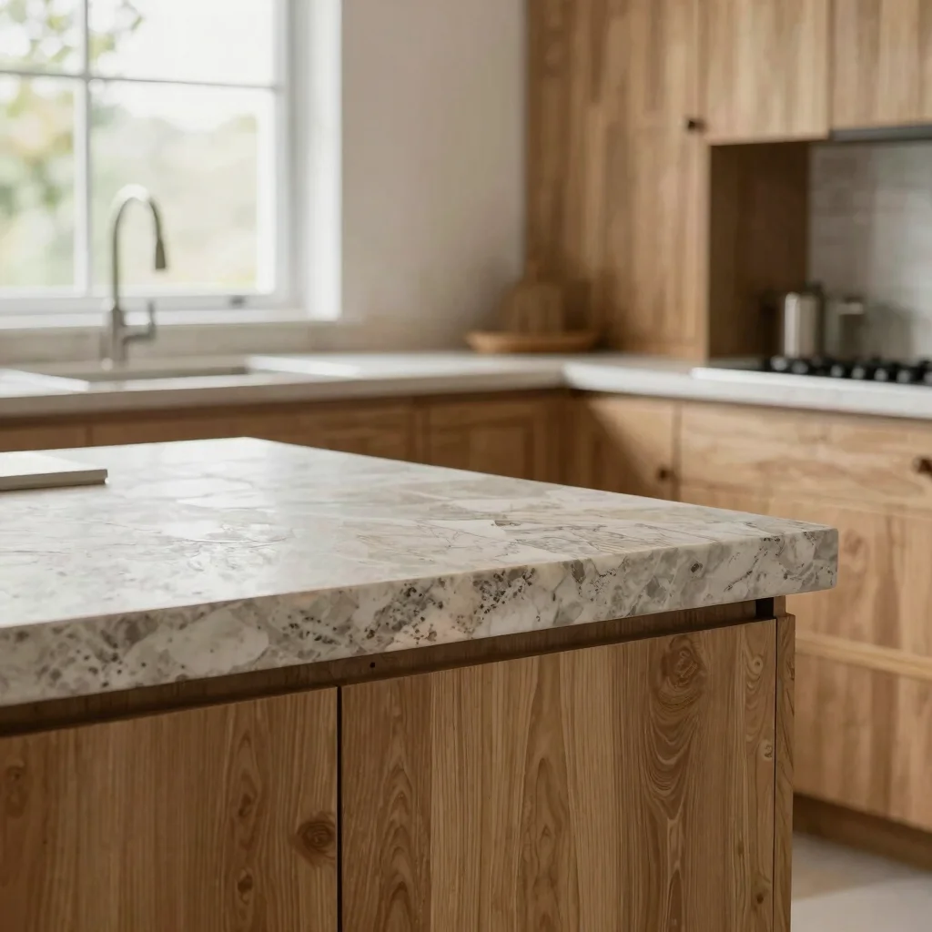 Kitchen detail of a waterfall stone countertop edge meeting rift