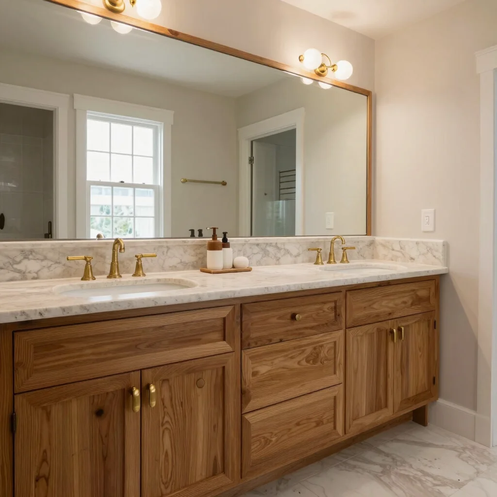 Balanced bathroom view with a stone vanity top, warm oak drawers,